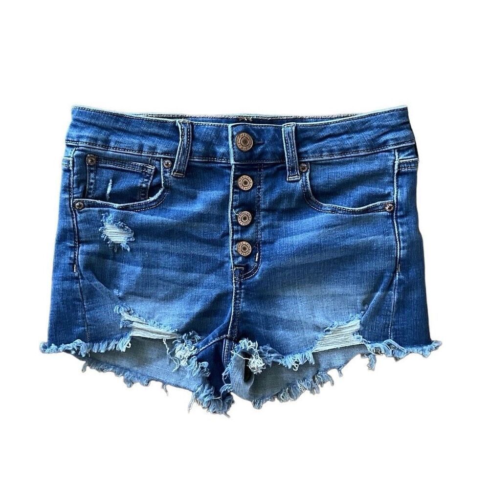 American Eagle Shorts Womens 4 Blue Denim Distressed Button Fly Super Stretch